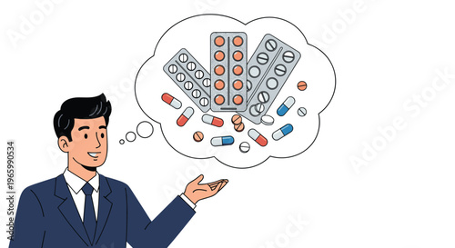 Businessman in a dark suit thinking about different types of medication including pills and capsules for healthcare and wellness needs.
