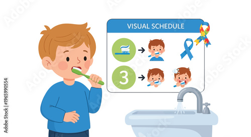 Young boy brushing teeth with visual schedule chart for autism support
