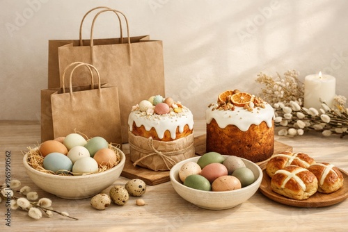 Easter table setting with decorated cakes, pastel eggs and gift bags for spring celebration background and holiday display