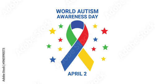 World autism awareness day ribbon with colorful stars on white background