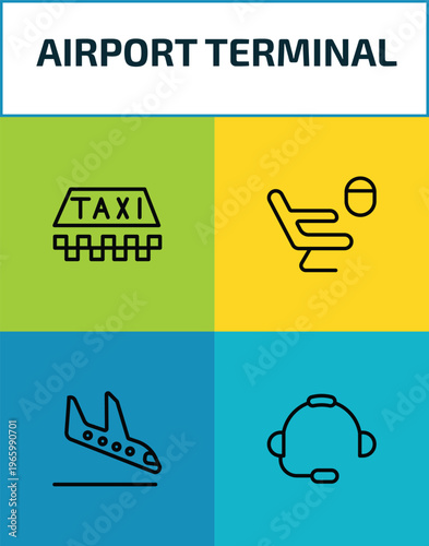 airport terminal outline icon set. 4 linear vector for ui, web and mobile. thin line taxi, airplane seat, plane landing, airport headphones icons.