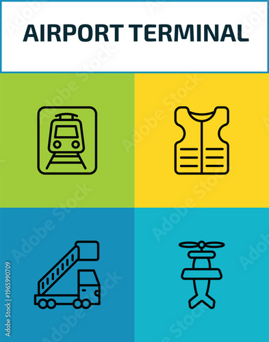 airport terminal outline icon set. 4 linear vector for ui, web and mobile. thin line car trolley, lifesaver best, gangway truck, old plane icons.