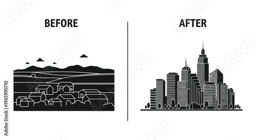 A striking visual comparison of rural and urban landscapes showcasing growth and development in a stark silhouette high quality professional detailed