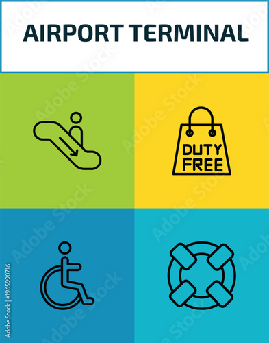 airport terminal outline icon set. 4 linear vector for ui, web and mobile. thin line airport down stairs, duty free bag, disable, lifeboat icons.