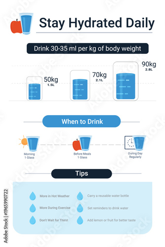 Daily water intake guide infographic with hydration tips and body weight calculations, flat vector illustration