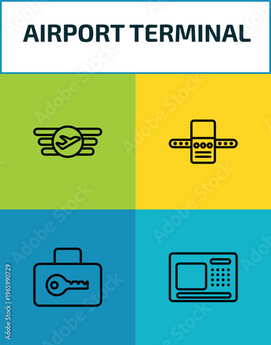 airport terminal outline icon set. 4 linear vector for ui, web and mobile. thin line air company, airport x ray hine, luggage security, airport atm icons.