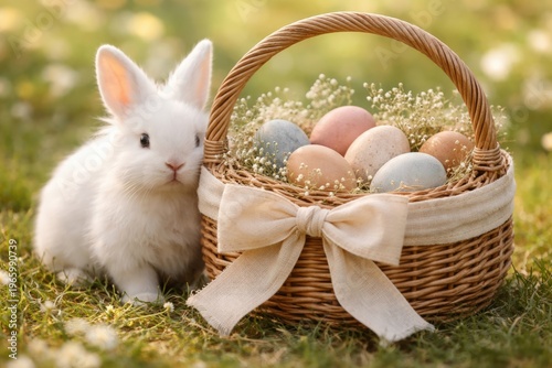 White bunny beside wicker basket of pastel eggs for easter spring greeting card background and outdoor seasonal decoration
