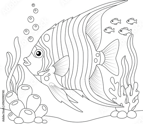 Elegant tropical angelfish underwater scene with coral reef, seaweed, bubbles and small fish, black and white line art illustration for kids coloring book page