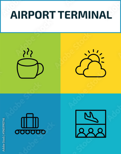 airport terminal outline icon set. 4 linear vector for ui, web and mobile. thin line hot coffee, cloudy day, picking luggage, waiting for flight icons.