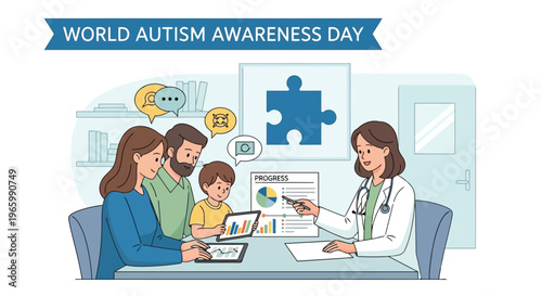 Family and doctor reviewing progress charts during autism consultation