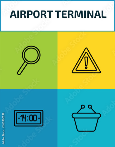 airport terminal outline icon set. 4 linear vector for ui, web and mobile. thin line airport searchor, danger sing, terminal watch, duty free basket icons.