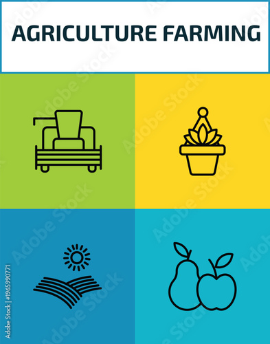 agriculture farming outline icon set. 4 linear vector for ui, web and mobile. thin line combine harvester, hanging pot, farm field, fruit icons.