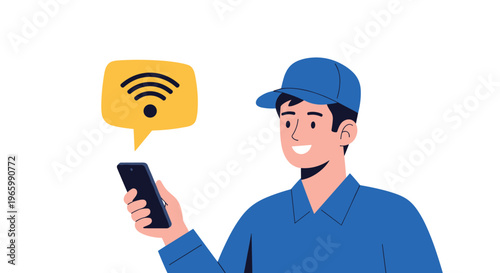 Friendly delivery man in a blue uniform looking at his smartphone with a wifi symbol indicating a strong internet connection.