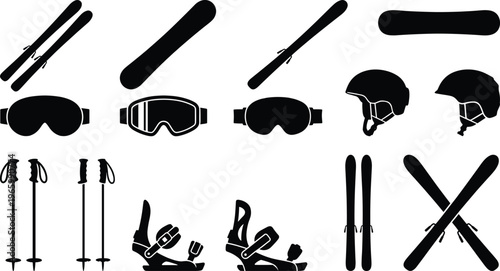 Winter sports equipment silhouette set including skis poles goggles helmets bindings and accessories isolated black icons for alpine skiing snowboarding design vector