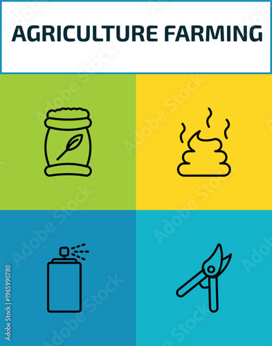 agriculture farming outline icon set. 4 linear vector for ui, web and mobile. thin line fertilizer, manure, sprayer, pruners icons.