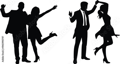 Dancing couple silhouettes set elegant man and woman party poses celebration nightlife romantic dance movements isolated black vector illustration for design use