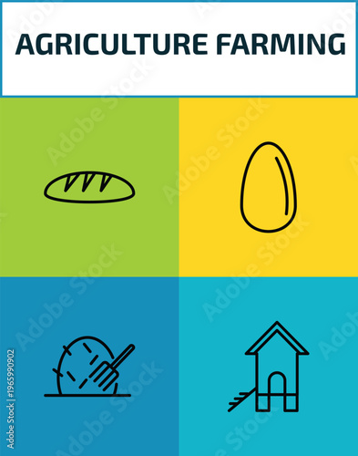 agriculture farming outline icon set. 4 linear vector for ui, web and mobile. thin line bread, egg, hay, chicken coop icons.