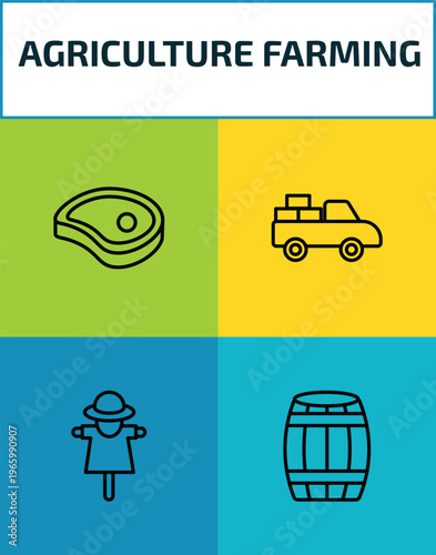 agriculture farming outline icon set. 4 linear vector for ui, web and mobile. thin line meat, pickup, scarecrow, barrell icons.