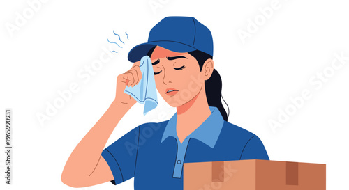 Exhausted female delivery worker in a blue uniform wiping sweat from her forehead while carrying a cardboard package.