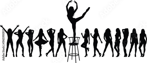 Dancer women silhouettes vector set isolated on white background, ballet and fashion poses with chair for performance, beauty, lifestyle design, clipart elements