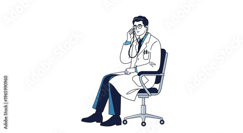 Doctor in a white lab coat sitting in an office chair and using a stethoscope to check his own heartbeat for a health checkup.