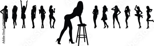 Women silhouettes vector set isolated on white background, fashionable female poses with heels and stool for lifestyle design, beauty, modeling, clipart elements