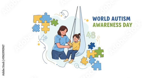 Therapist helping young child in sensory swing for autism awareness day