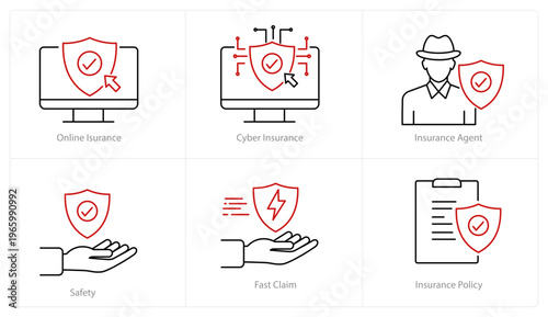 Insurance protection icon set, online insurance security, cyber insurance, agent safety, fast claim policy coverage icons