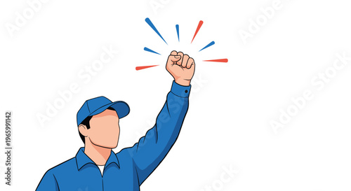 Motivated worker in a blue uniform and cap raising a clenched fist in a gesture of victory, success, or social protest.