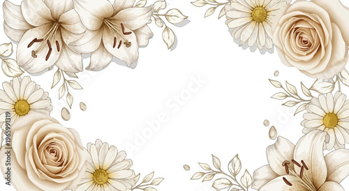White floral border with roses lilies and daisies on abstract background white flowers