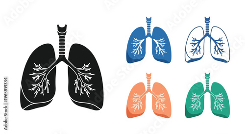 Set of stylized human lung icons in black, blue, orange, and green, representing respiratory system health and medical