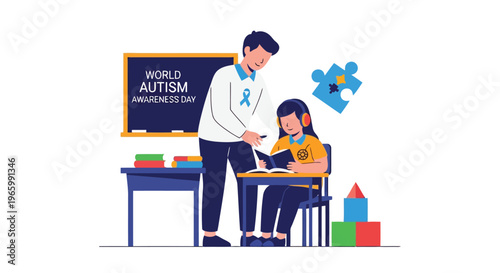 Teacher helping student with autism in classroom setting illustration