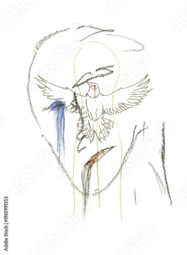Dessin du visage d'un homme souffrant de dépression et d'anxiété et un oiseau.	