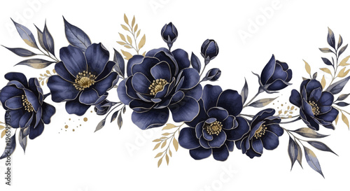 Dark blue floral arrangement with gold accents and abstract background dark blue flowers botanical illustration