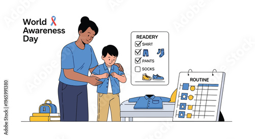 Caregiver helping young child get dressed following daily routine chart