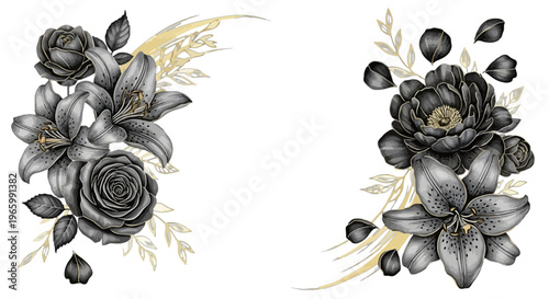 Dramatic Black and White Floral Border with Gold Accents Keywords: floral border, black flowers, white flowers, lilies, roses