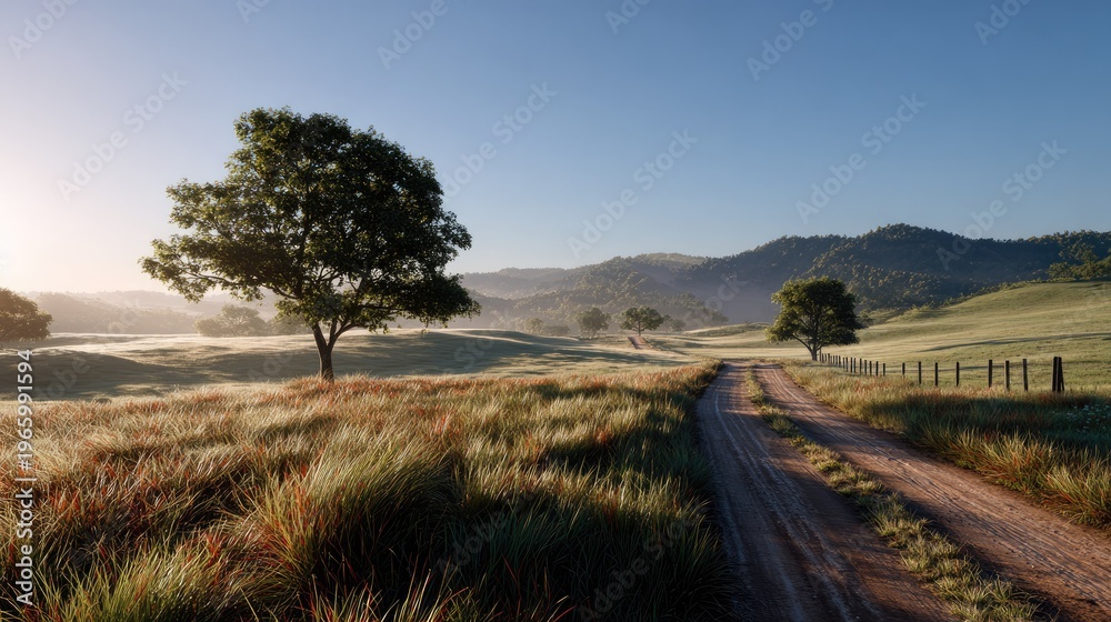 Fototapeta premium Golden Hour Meadow Scene: Serene dirt road cuts through a golden meadow dotted with trees. A sense of peace and natural beauty in a bright and sunny landscape.