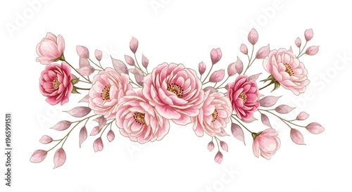 Soft Pink Rose Flowers and Buds with Muted Leaves Floral Arrangement vector illustration