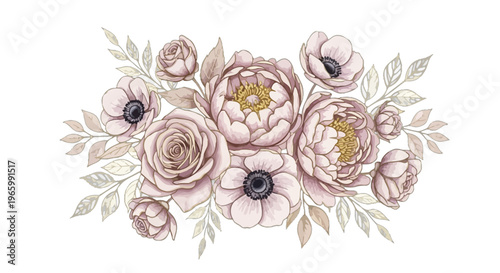 Delicate Pink Peonies and Anemones Floral Arrangement with Leaves Keywords: floral arrangement, pink peonies, anemones, roses