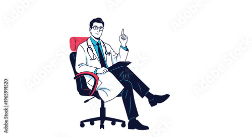 Professional male doctor sitting in an office chair and pointing upwards as if giving advice or sharing an important medical fact.