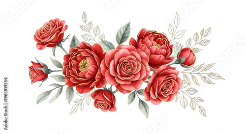 Vibrant Red Roses and Peonies Floral Arrangement with Leaves on Textured Background Keywords: floral arrangement, red roses