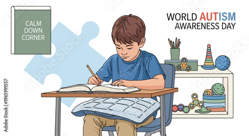 Young boy in calm down corner writing in journal for autism regulation