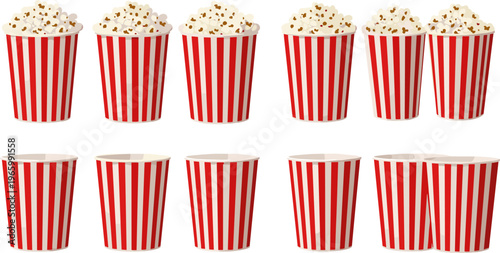 Popcorn Bucket Collection with Red and White Striped Containers and Fresh Popcorn Snack in Flat Vector Illustration Isolated on White Background
