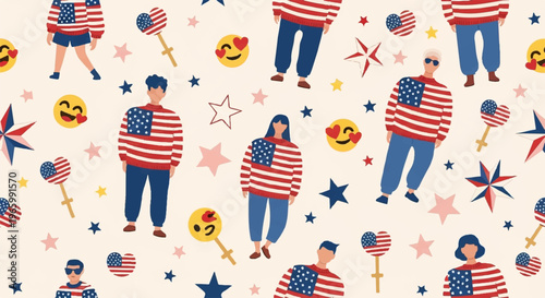 Patriotic seamless pattern, American flag designs, colorful festive background, vector illustration