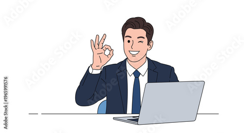 Confident businessman in a suit sitting at his laptop and giving a winking OK hand gesture to signal success or approval.