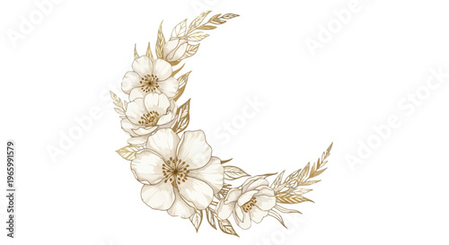 White Flower Wreath with Dried Grass Elements on a Black Background with Green Screen Area floral blossom