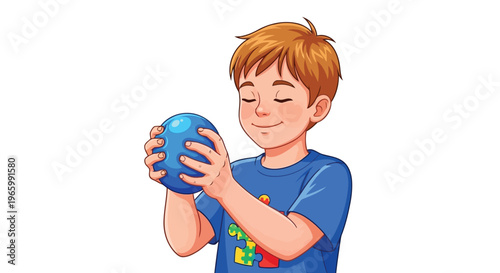 Happy boy holding blue sensory ball for autism emotional regulation