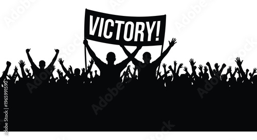 A jubilant crowd celebrates a victory arms raised in the air with a banner depicted as a striking silhouette high quality