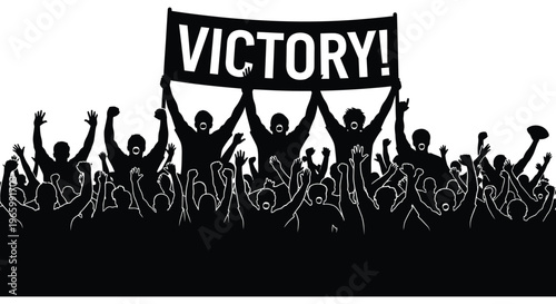 A jubilant crowd raises their arms in celebration holding a victory banner depicted as a striking silhouette high quality professional detailed