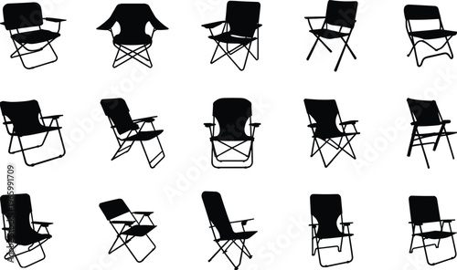 Folding camping chair silhouettes collection featuring portable outdoor seating designs isolated on white background vector set for travel leisure and furniture illustration